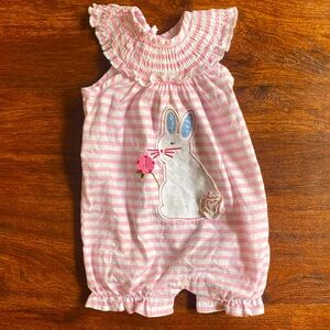 ☀️5/25☀️ MUD PIE Pink White Striped Bunny Baby Romper 6-9 Months